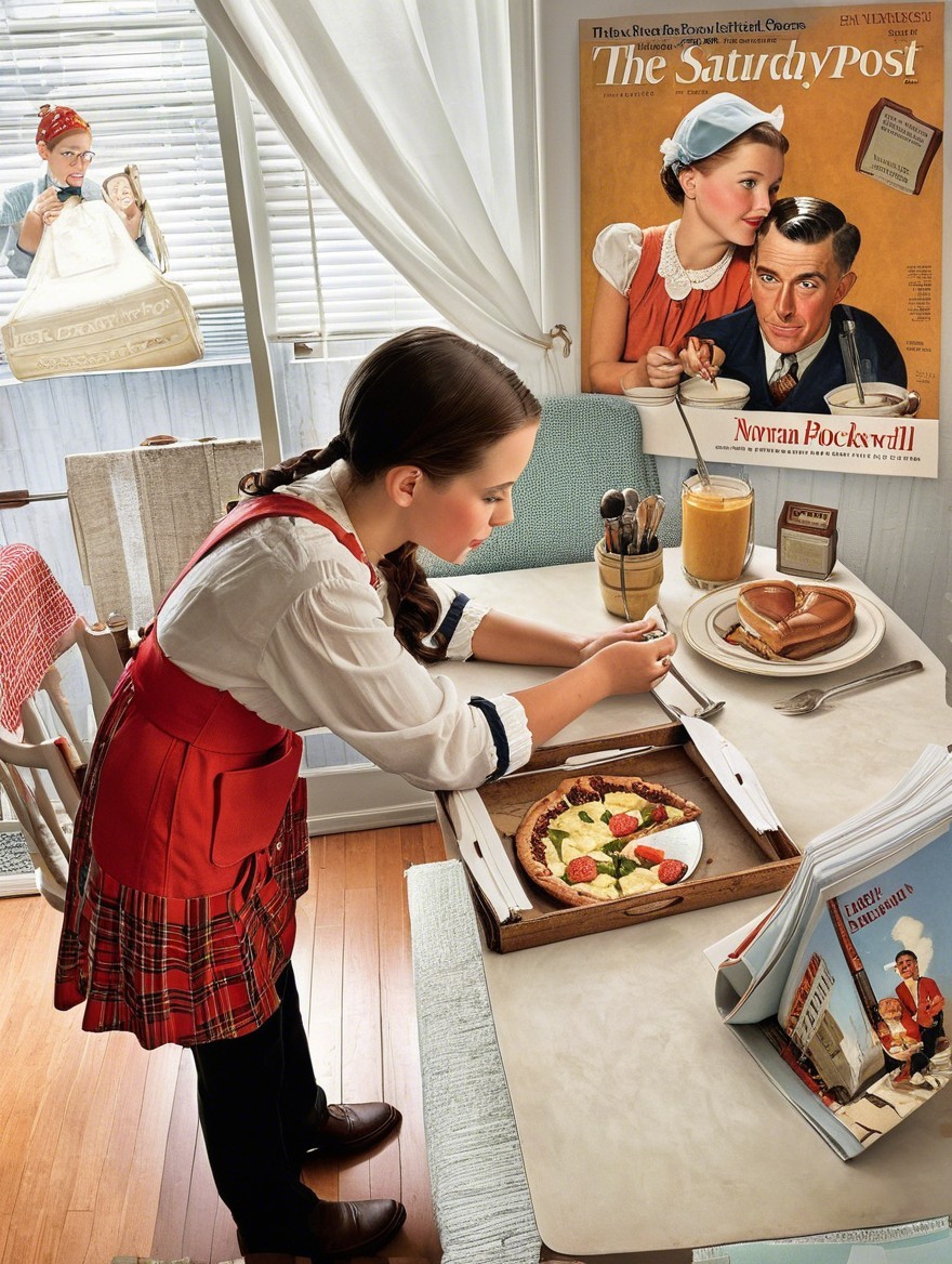 Young girl in plaid dress arranges pizza in retro kitchen