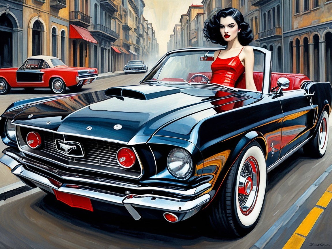 Dark-haired woman in red dress driving Mustang in Europe