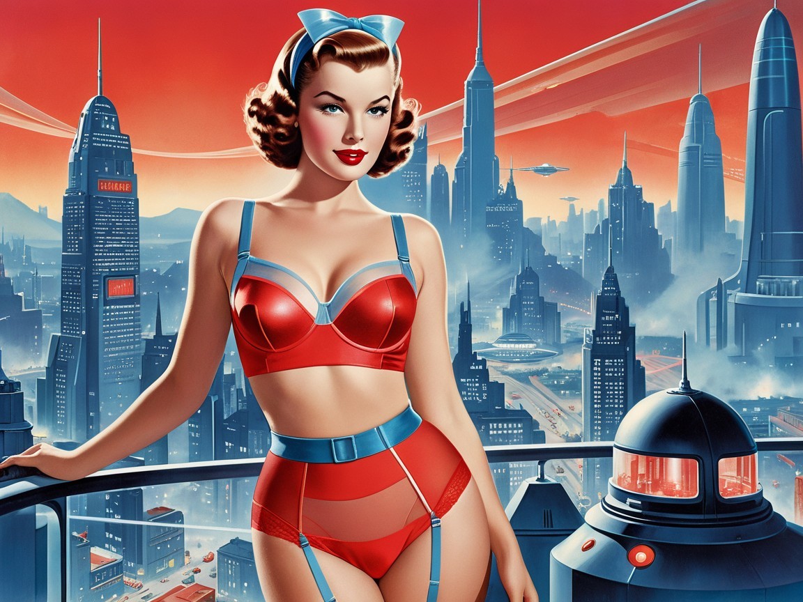 Glamorous Retro Woman in Futuristic Cityscape