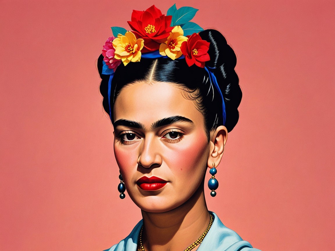 Frida Kahlo Portrait with Blue Blouse and Flower Crown