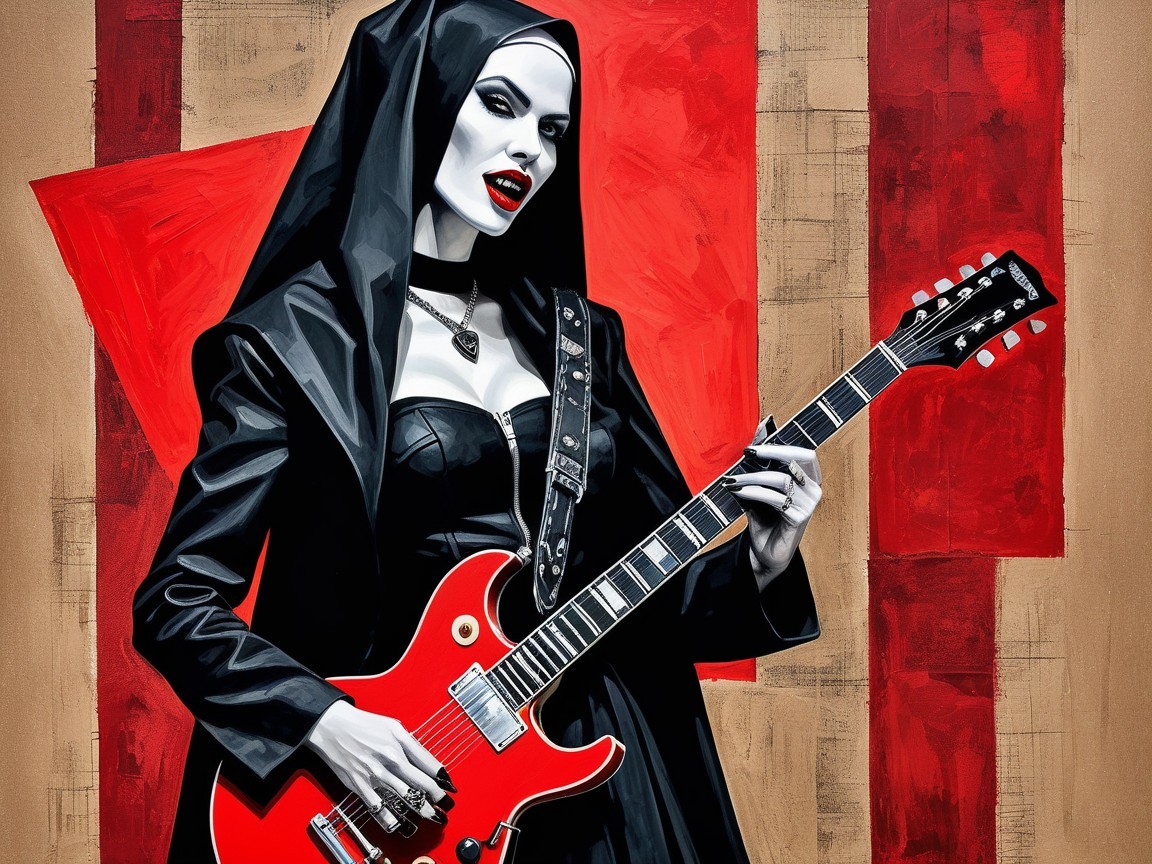 Oil Painting of a Female Rock and Roll Nun with Guitar