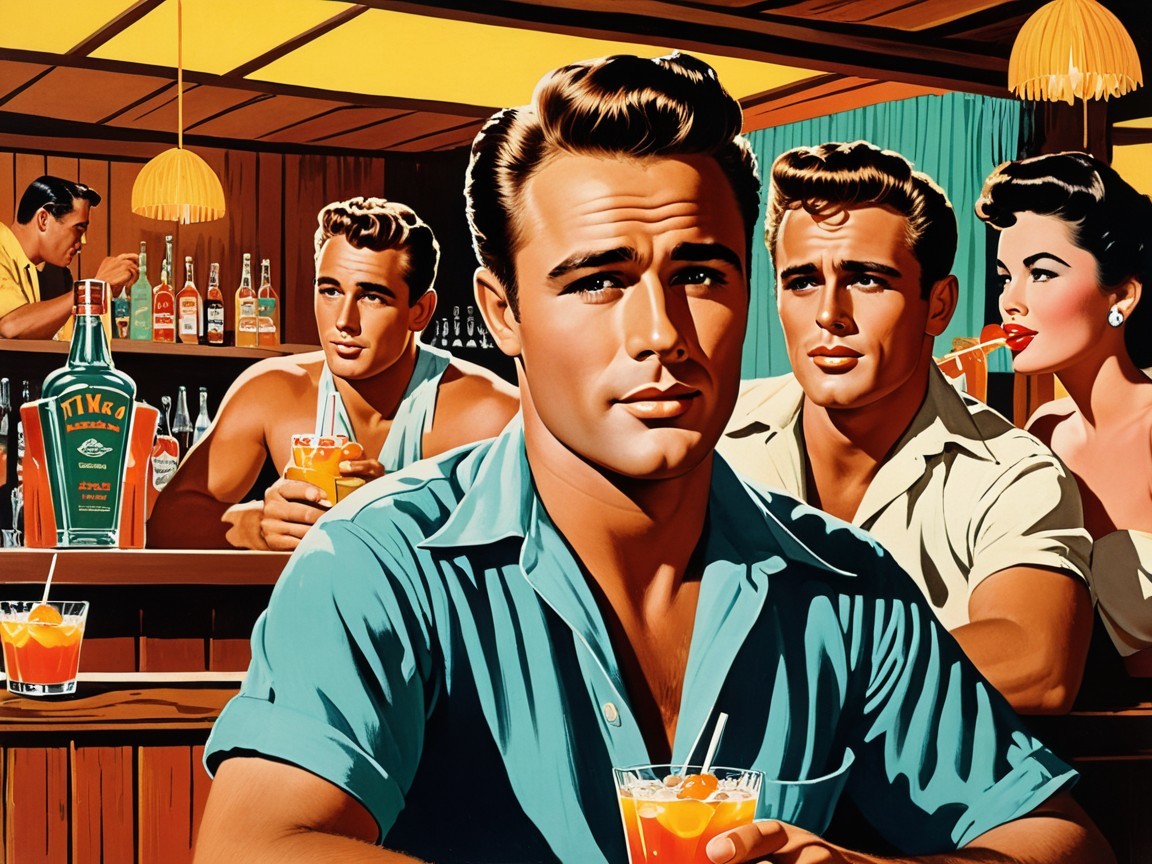 Vintage Bar Scene with Stylish Individuals and Cocktails