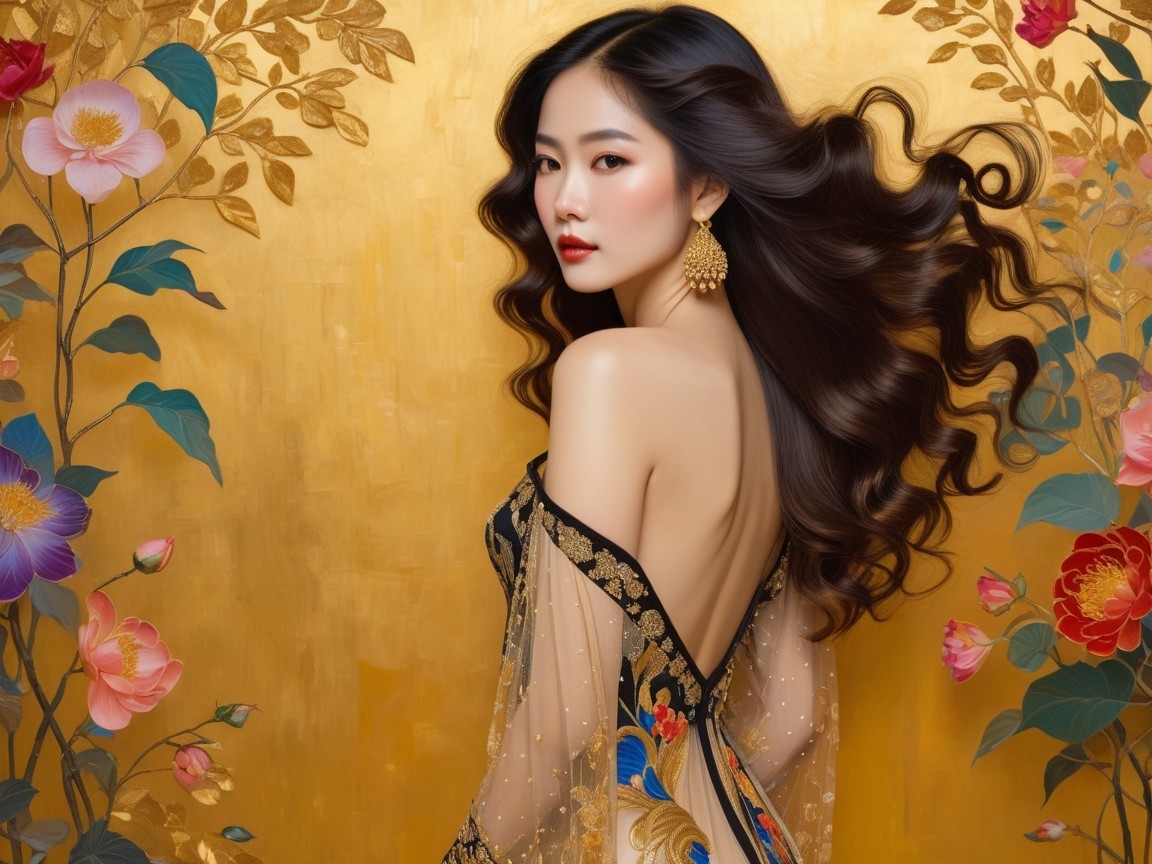 Elegant Woman Posing Against Golden Floral Backdrop