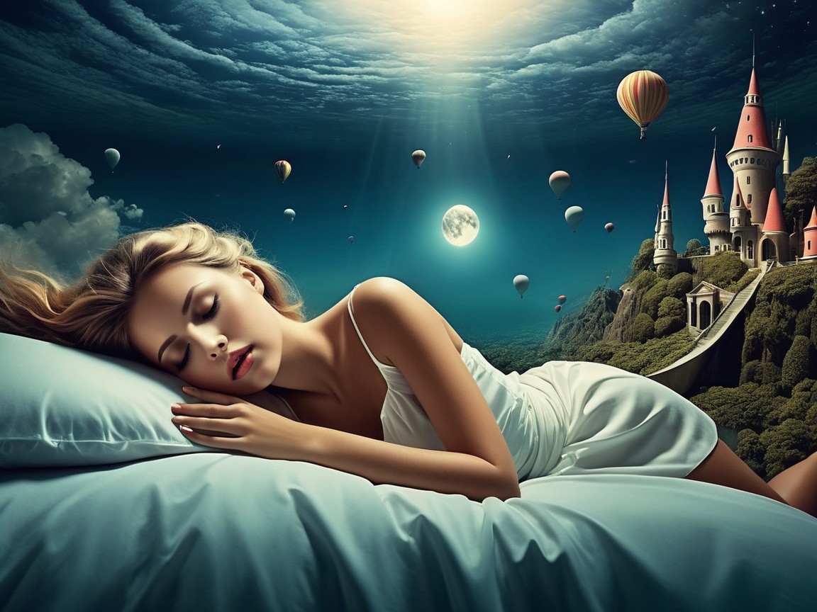 Blonde Woman Sleeping in Dreamscape with Castle and Balloons