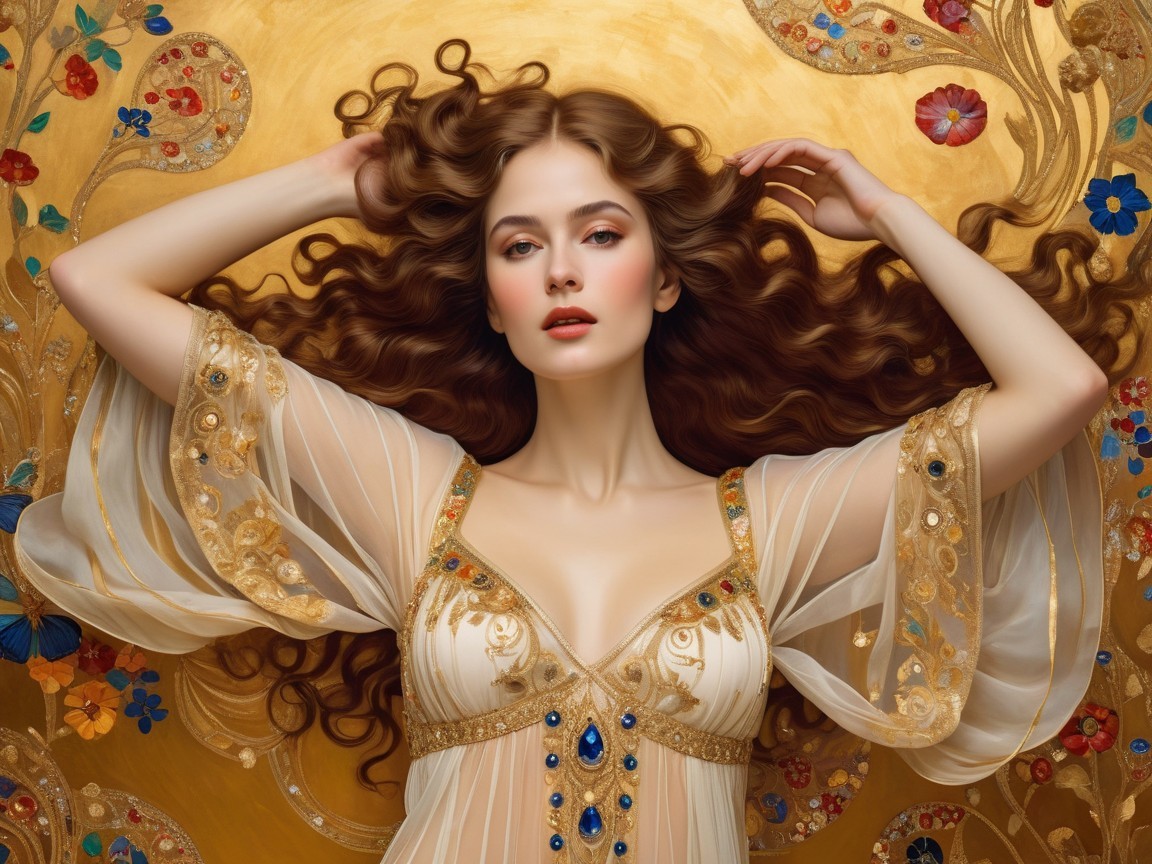 Serene Woman in Sheer Dress Against Golden Backdrop