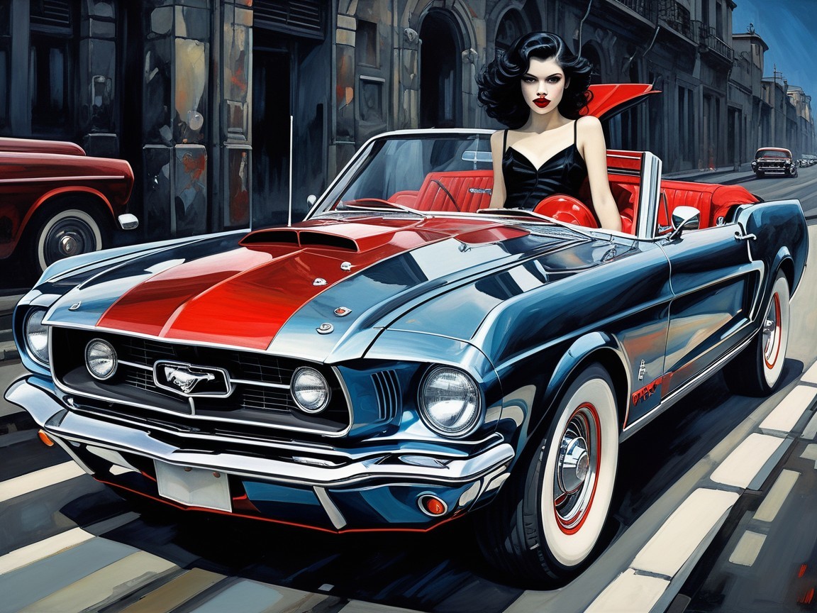 Vintage Convertible with Woman in City Street Art