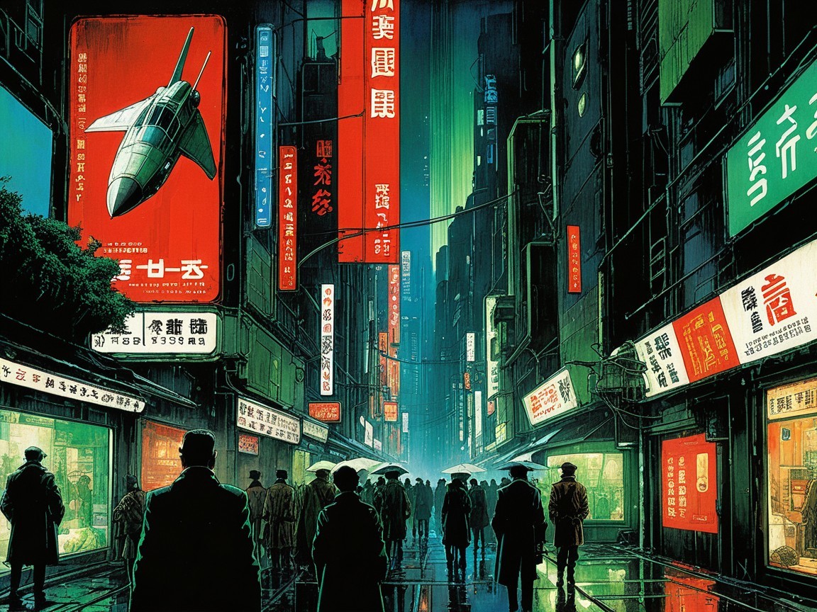 Futuristic Asian city street scene with neon lights