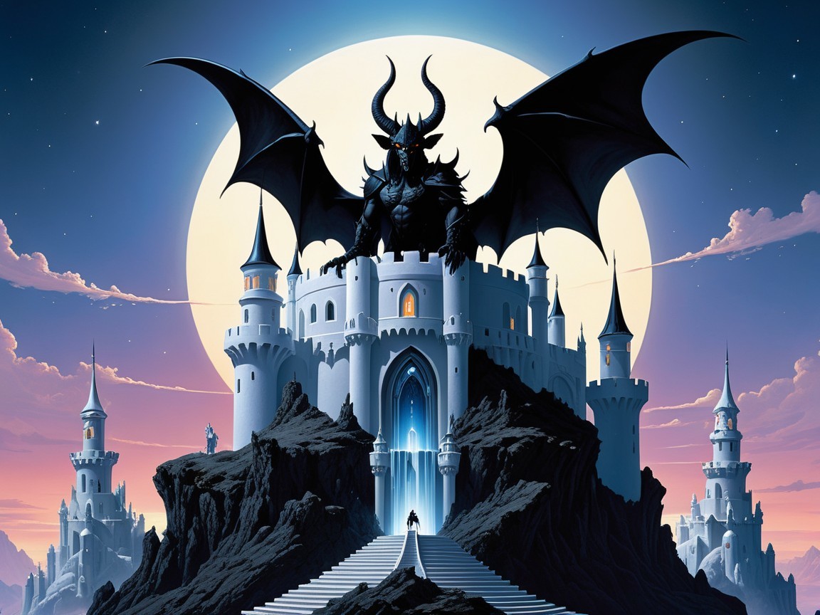 Dramatic Castle Scene with Dragon and Lone Figure