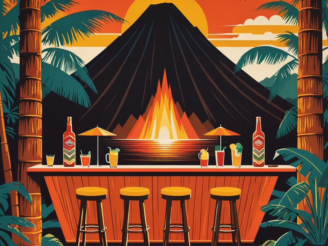 Tropical Tiki Bar Scene with Volcano and Sunset