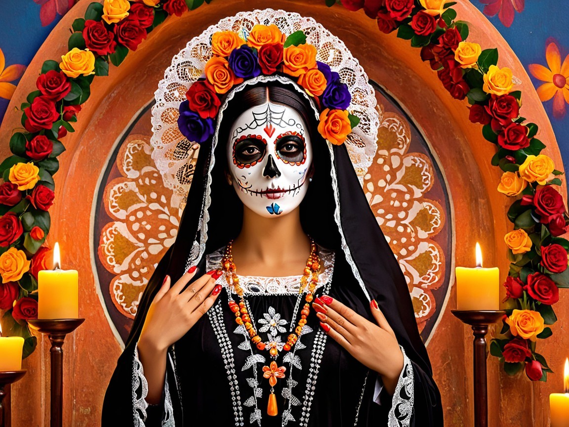Woman in Traditional Black Attire for Day of the Dead
