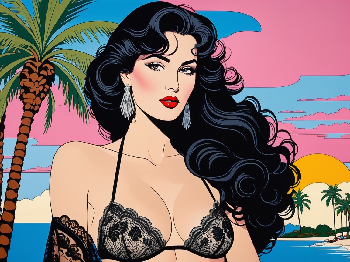 Glamorous Woman in Black Bikini Against Tropical Sunset