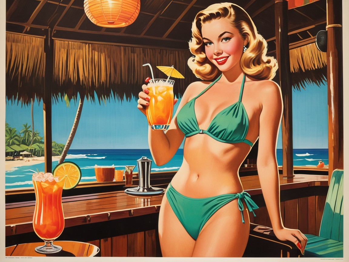 Vintage Illustration of Woman in Teal Bikini at Beach Bar