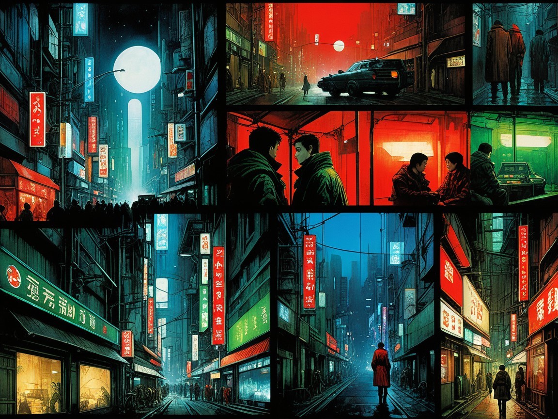 Futuristic City Scenes in a 3x3 Grid at Night