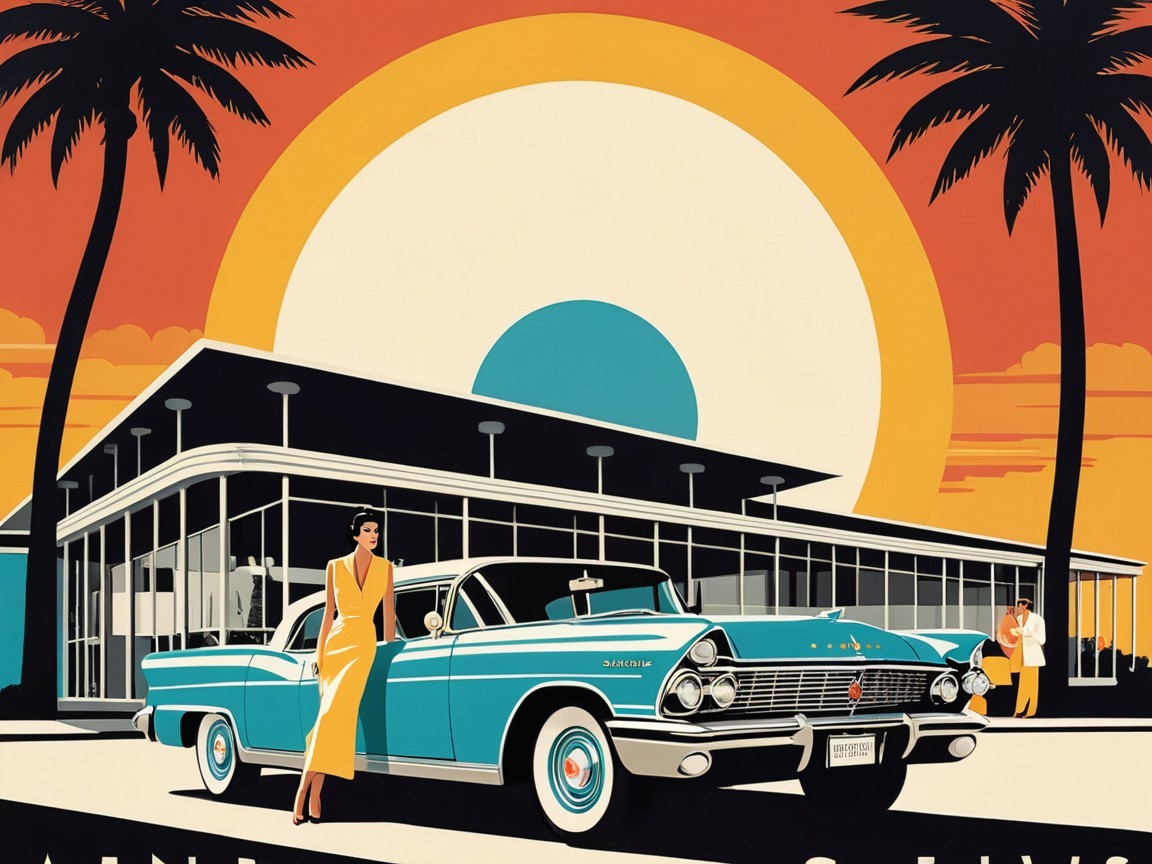 Retro Poster of 1950s Car and Modernist Building