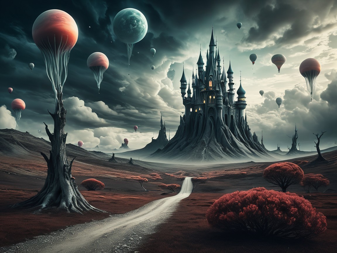 Surreal Landscape with Castle and Hot Air Balloons