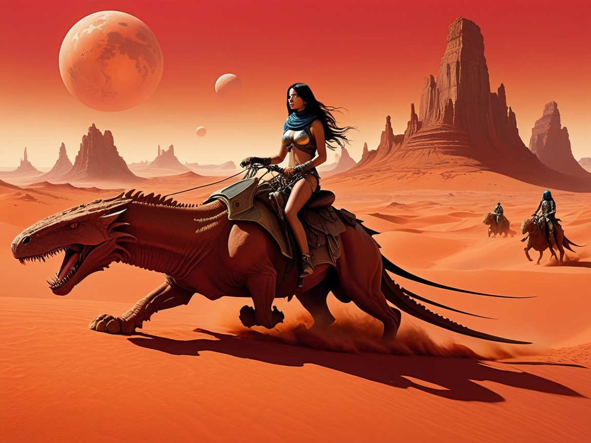 Warrior Woman Riding Reptilian Creature in Desert Landscape