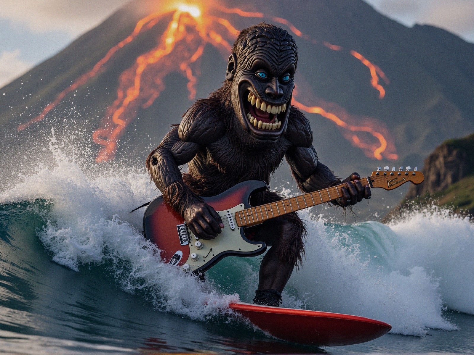 Gorilla-like creature surfing with guitar and volcano backdrop