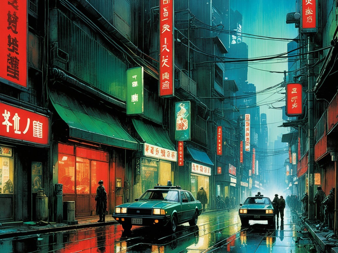 Nighttime Cityscape with Neon Lights and Reflections