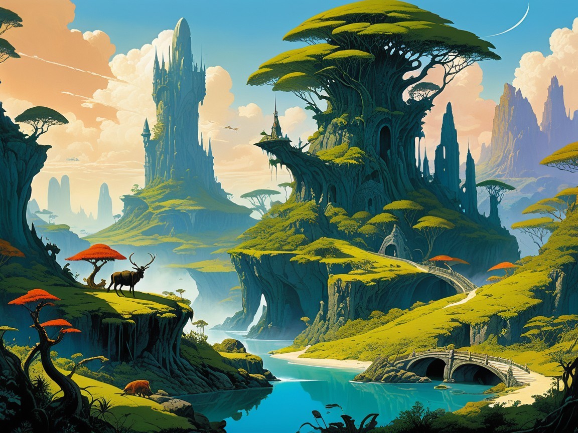 Vibrant Fantasy Landscape with Majestic Wildlife