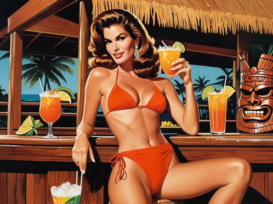 Glamorous Woman in Orange Bikini at Tropical Bar