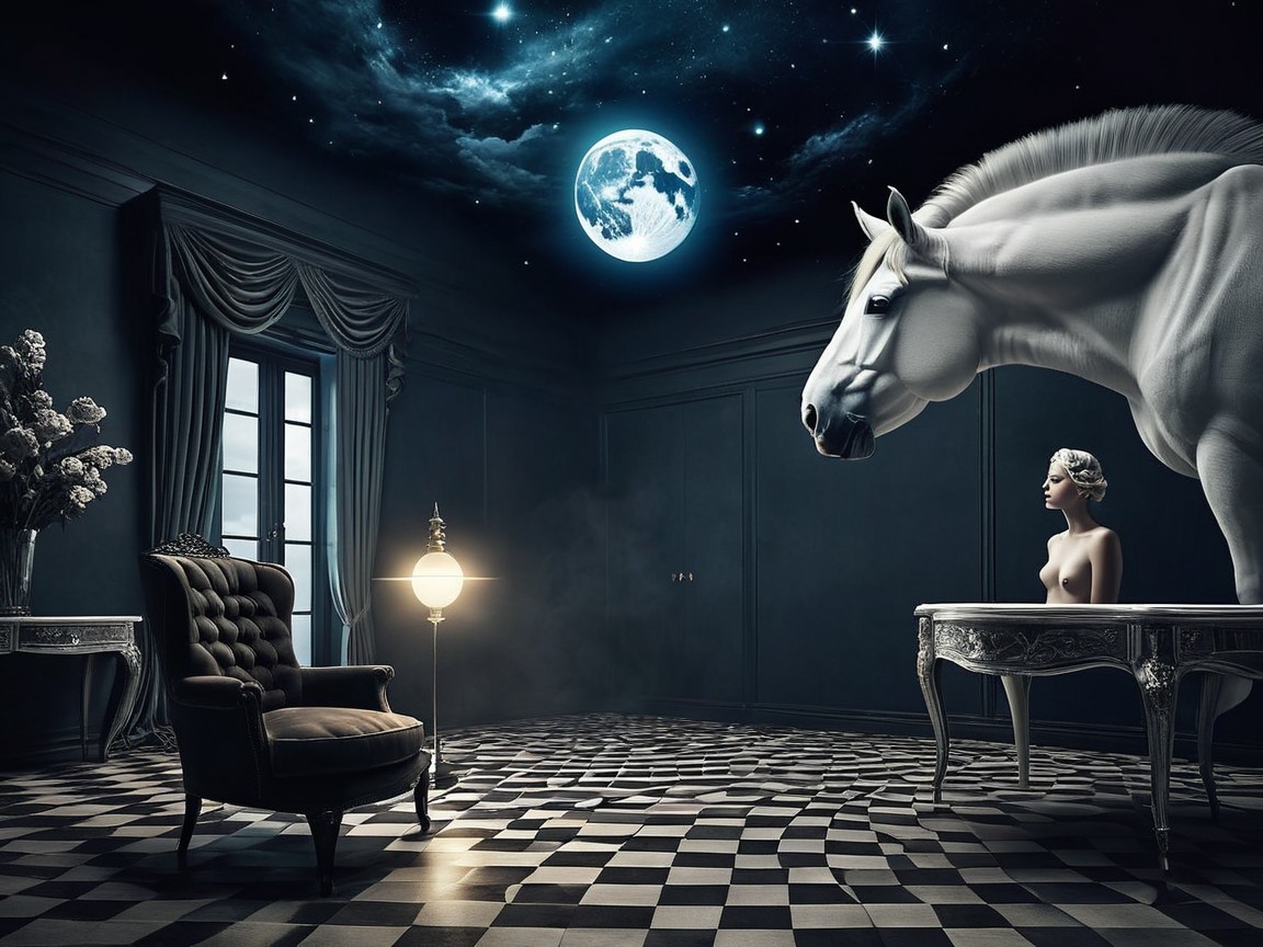 Surreal Scene with White Horse and Nude Woman
