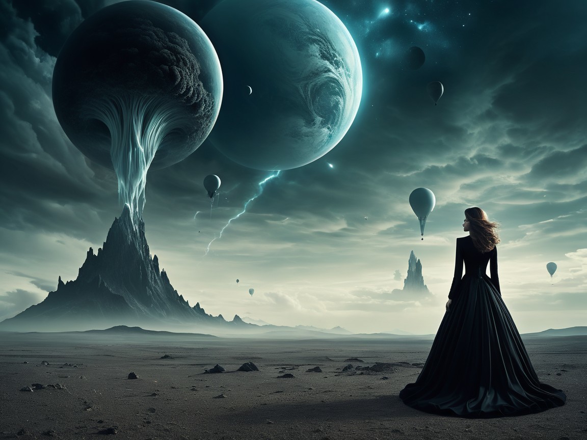 Surreal Landscape with Woman in Black Dress and Planets
