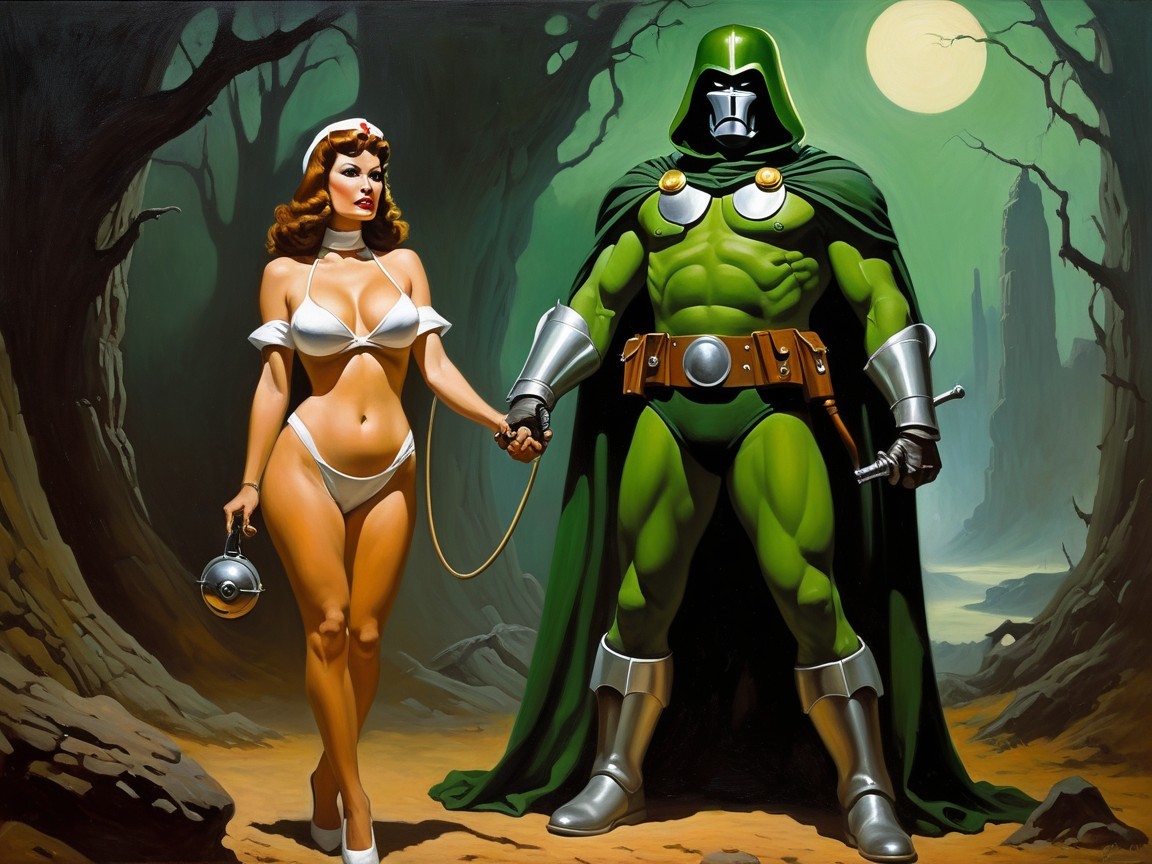 Muscular Green-Skinned Superhero in Misty Forest Scene