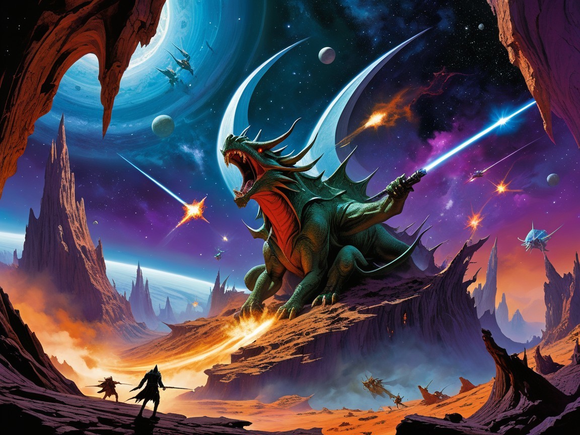 Colossal Dragon Creature in Alien Landscape with Galaxies