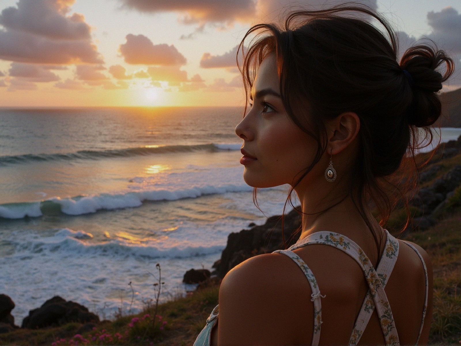 Young woman by coastline at sunset with soft waves