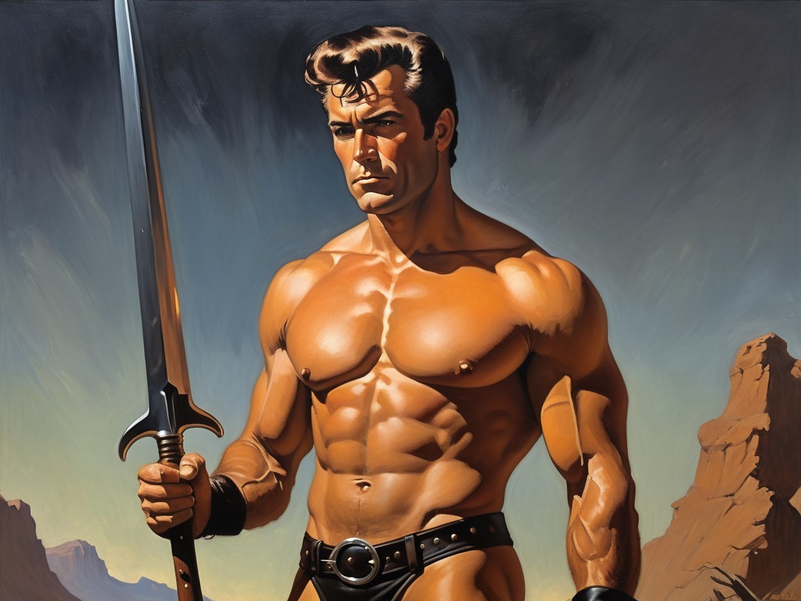 Muscular Man in Heroic Pose with Sword in Mountains