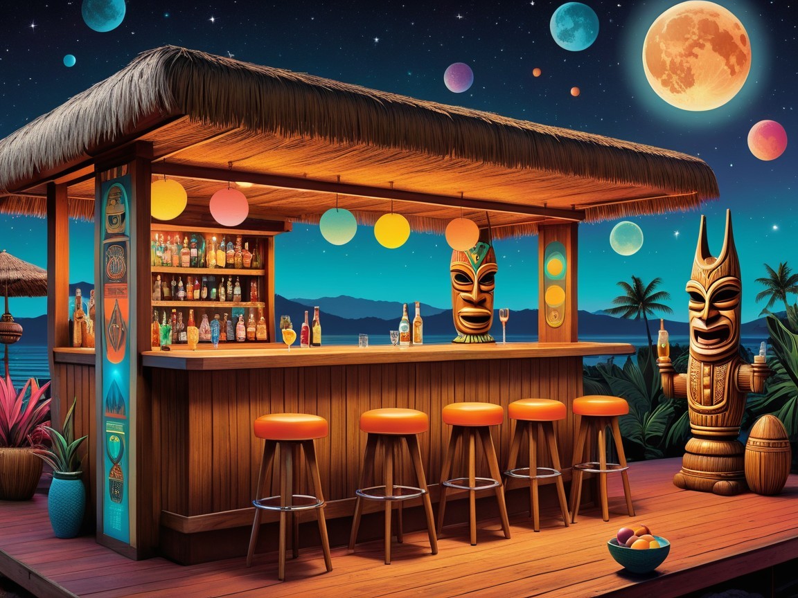 Tropical Tiki Bar Under Starry Sky and Vibrant Planets
