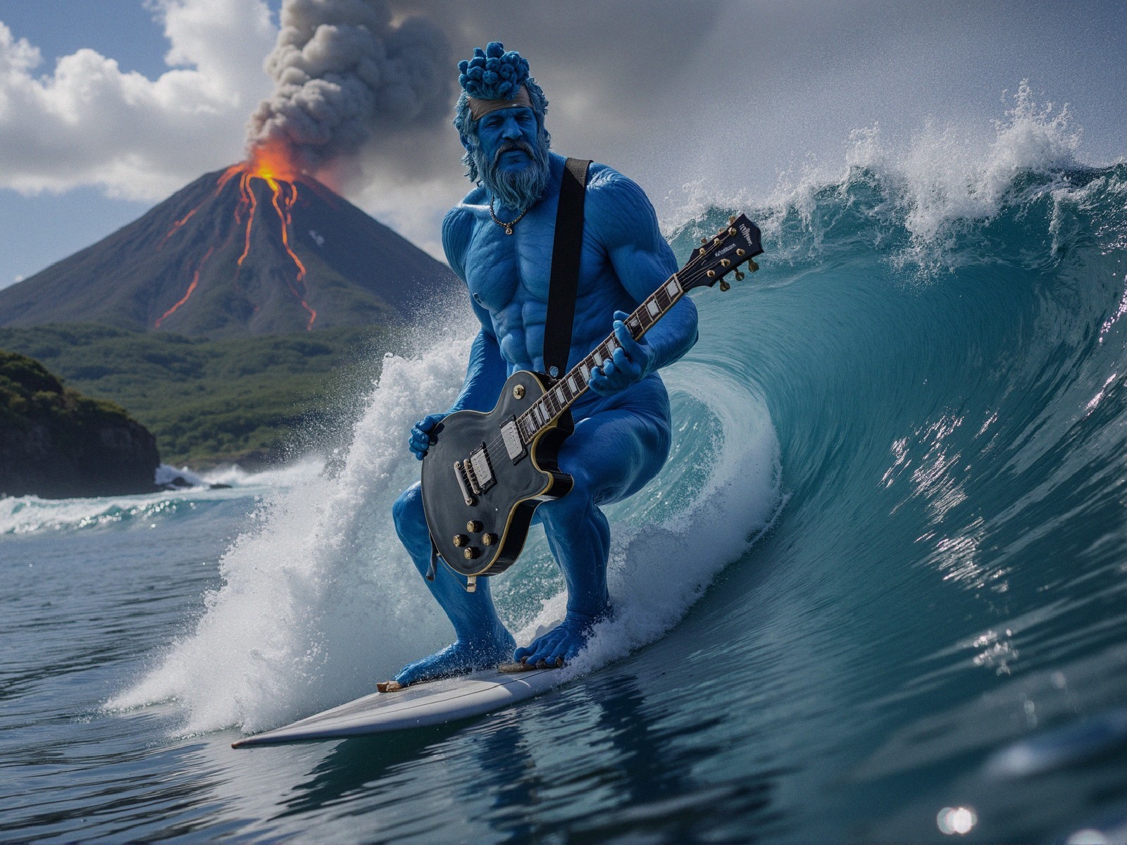 Muscular Blue Figure Surfing with Erupting Volcano Background