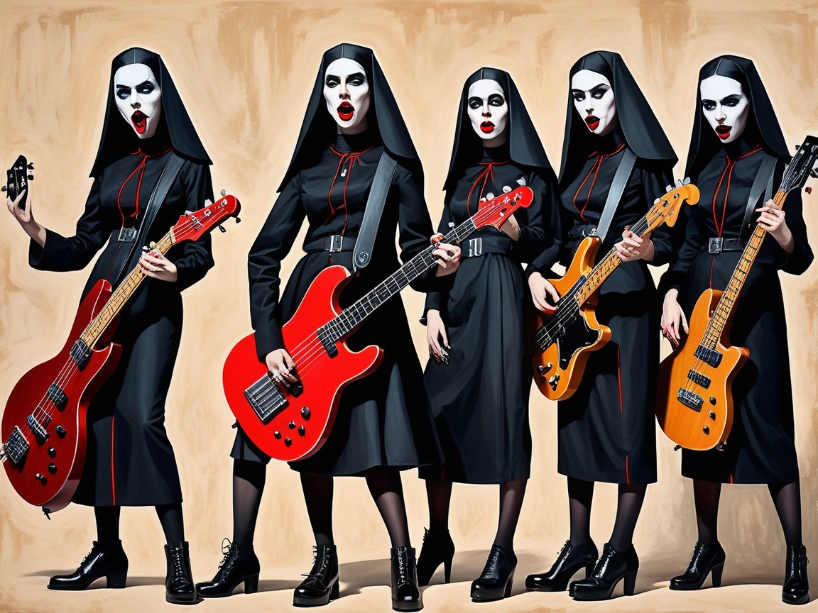 Nun-like Figures Playing Electric Bass Guitars