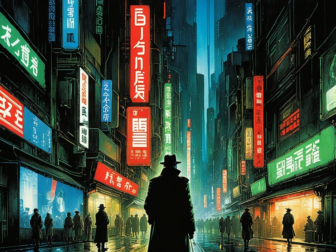 Cyberpunk Street Scene with Detective in Asia