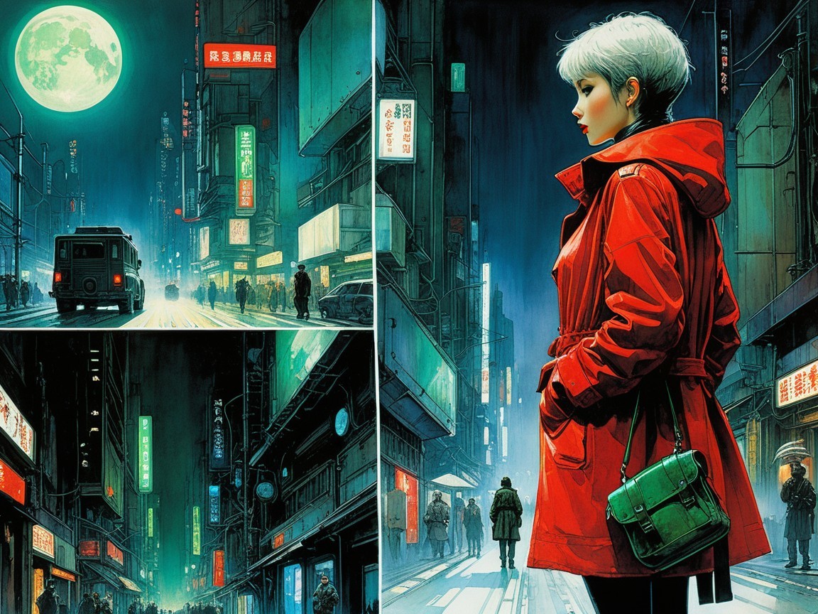Cyberpunk Triptych of Neon Night Street Scene
