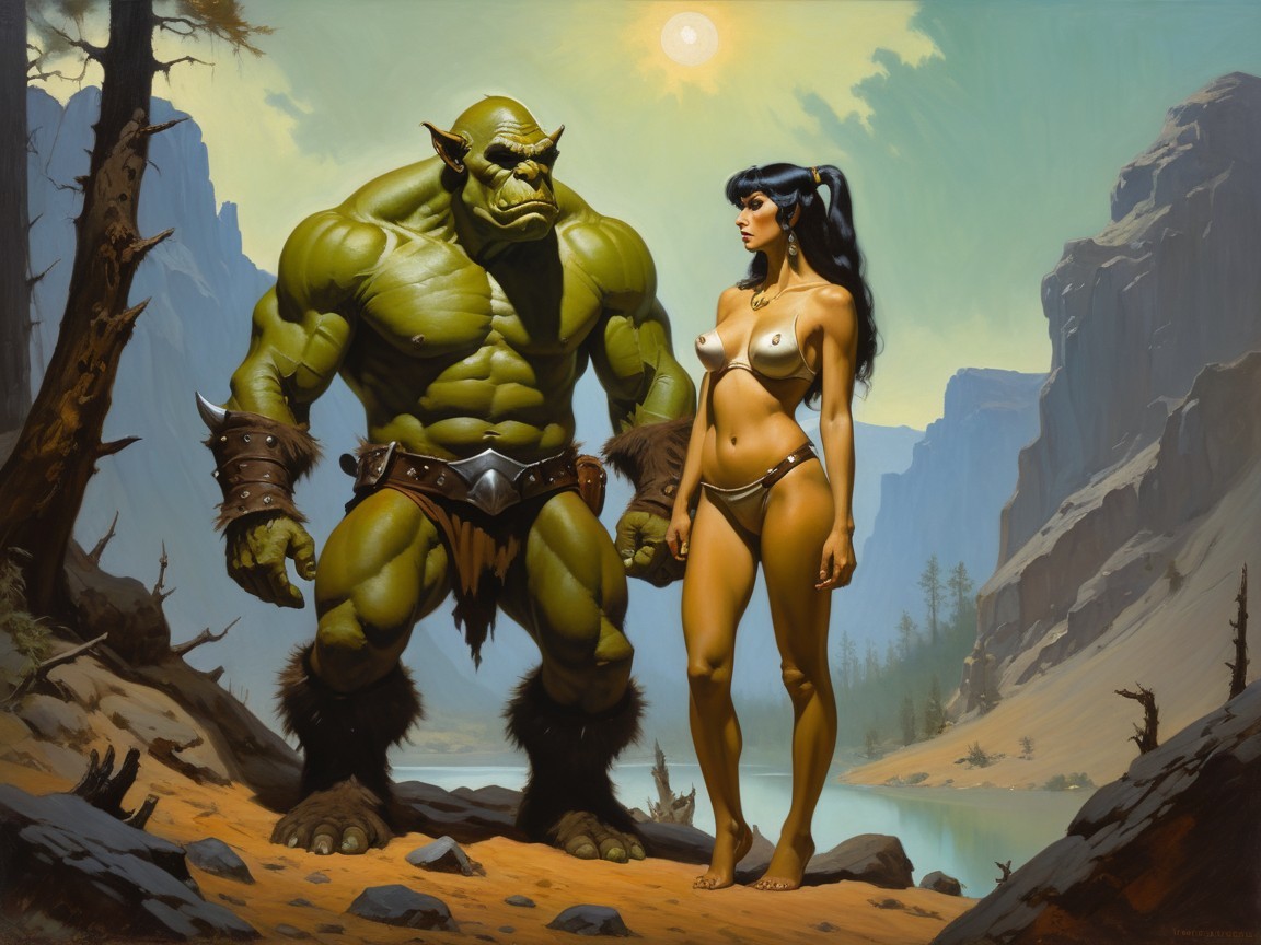 Orc and Woman in a Mythical Landscape Setting
