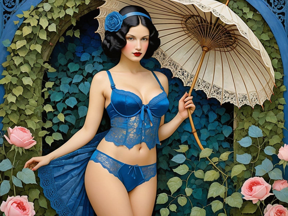 Glamorous Woman in Blue Lingerie with Parasol