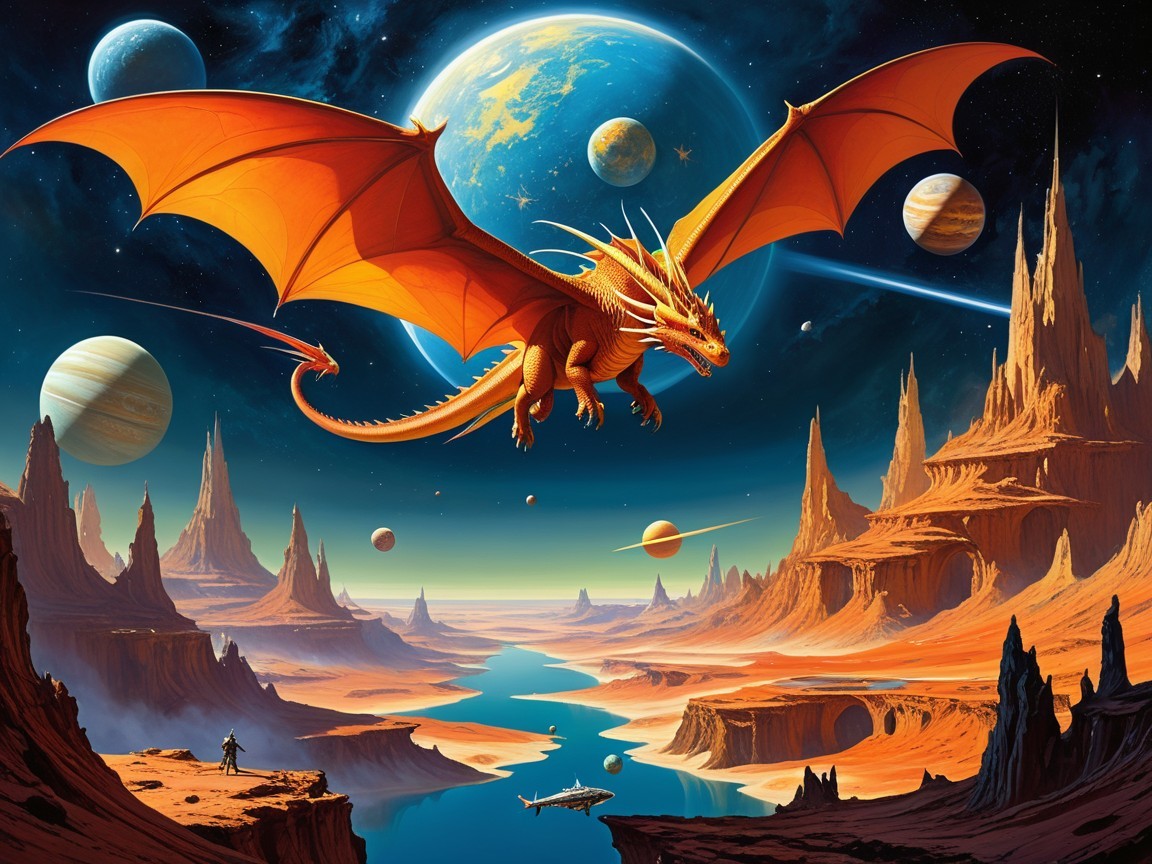 Majestic orange dragon in cosmic canyon landscape