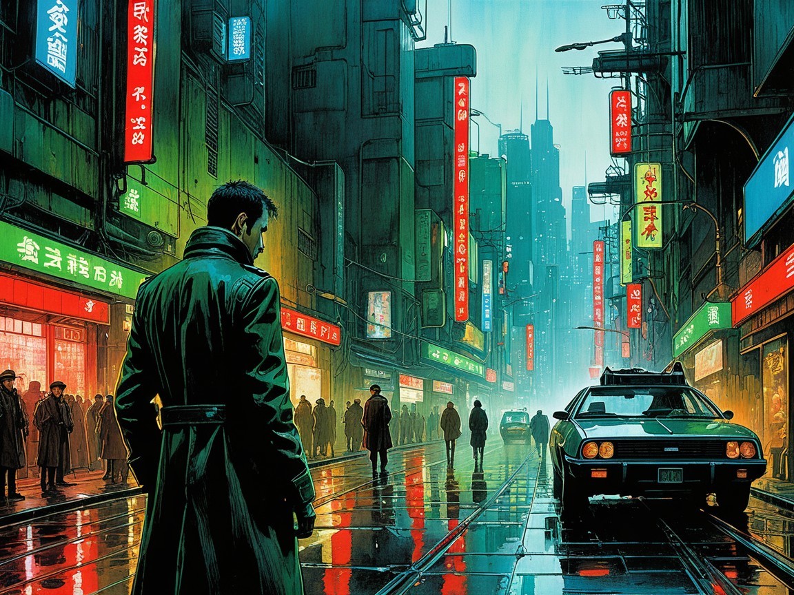 Futuristic Cityscape at Night with Neon Lights and Rain