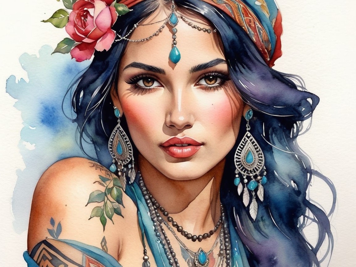 Portrait of a Woman with Dark Hair and Headscarf