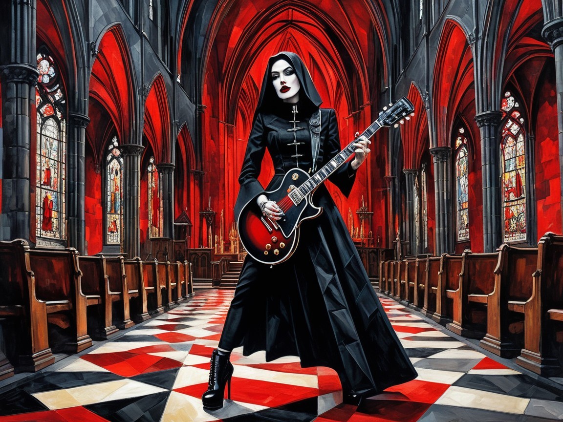 Gothic Woman with Electric Guitar in Church Setting
