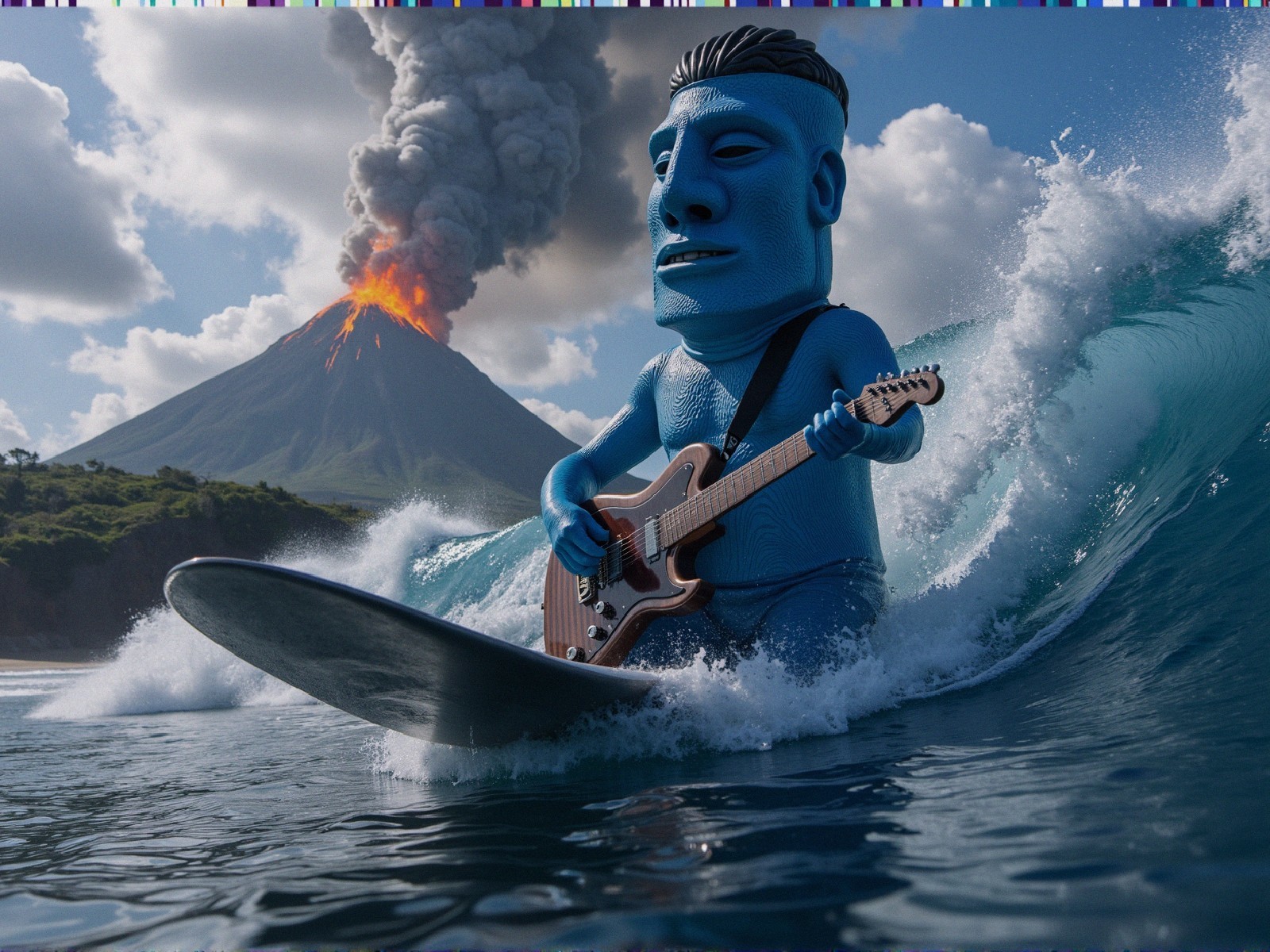 Giant Moai figure surfing with guitar amidst volcano eruption