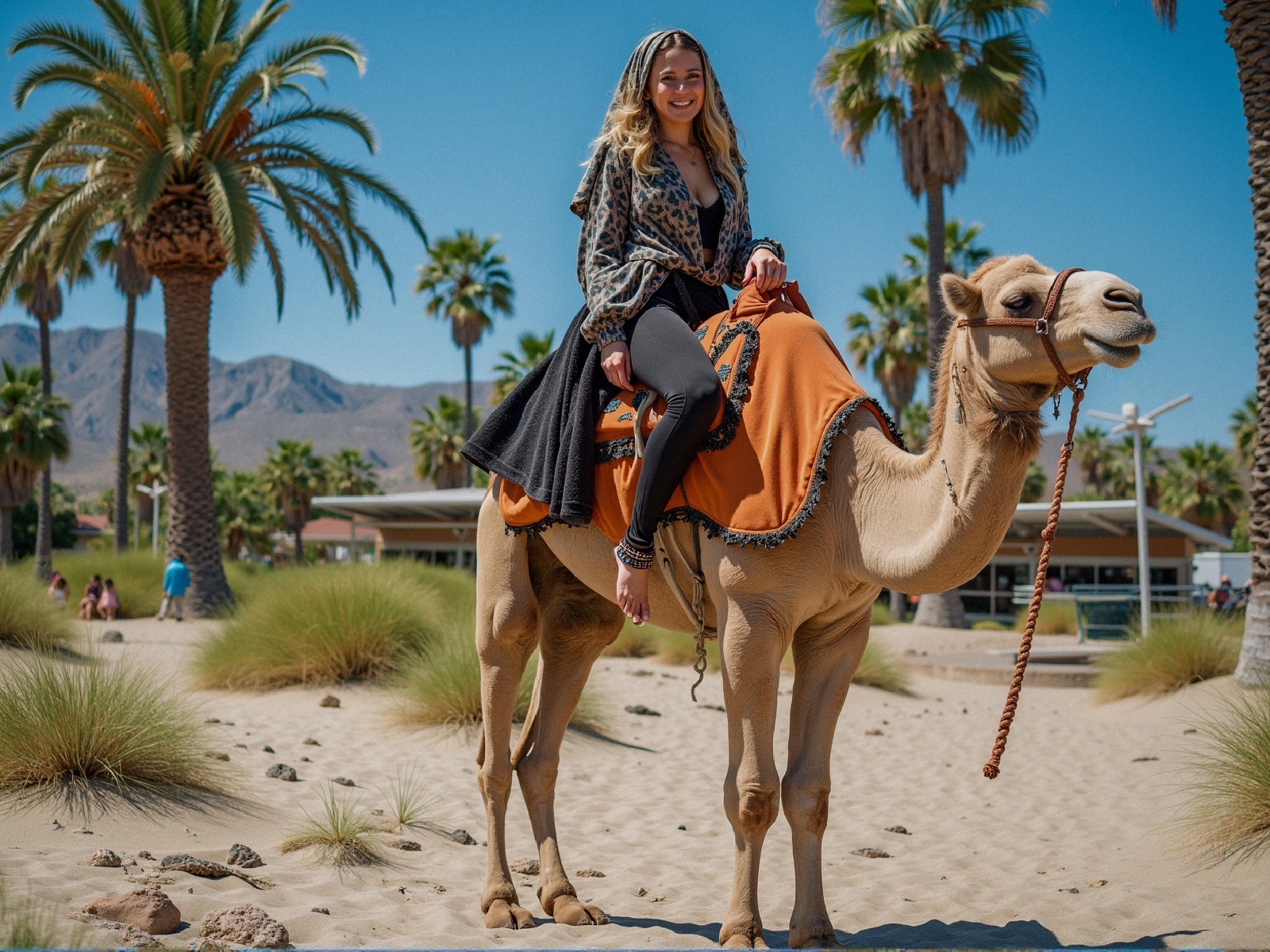 Young woman riding camel in vibrant sandy landscape