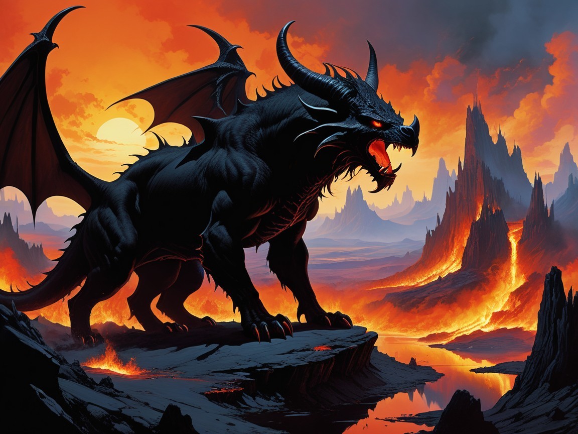 Black Dragon Overlooking Fiery Landscape and Lava Rivers