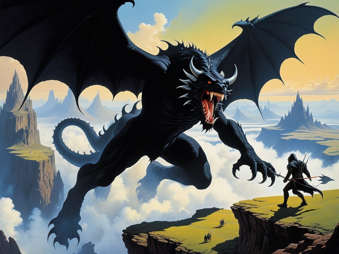 Colossal Black Dragon Faces Lone Warrior on Cliff