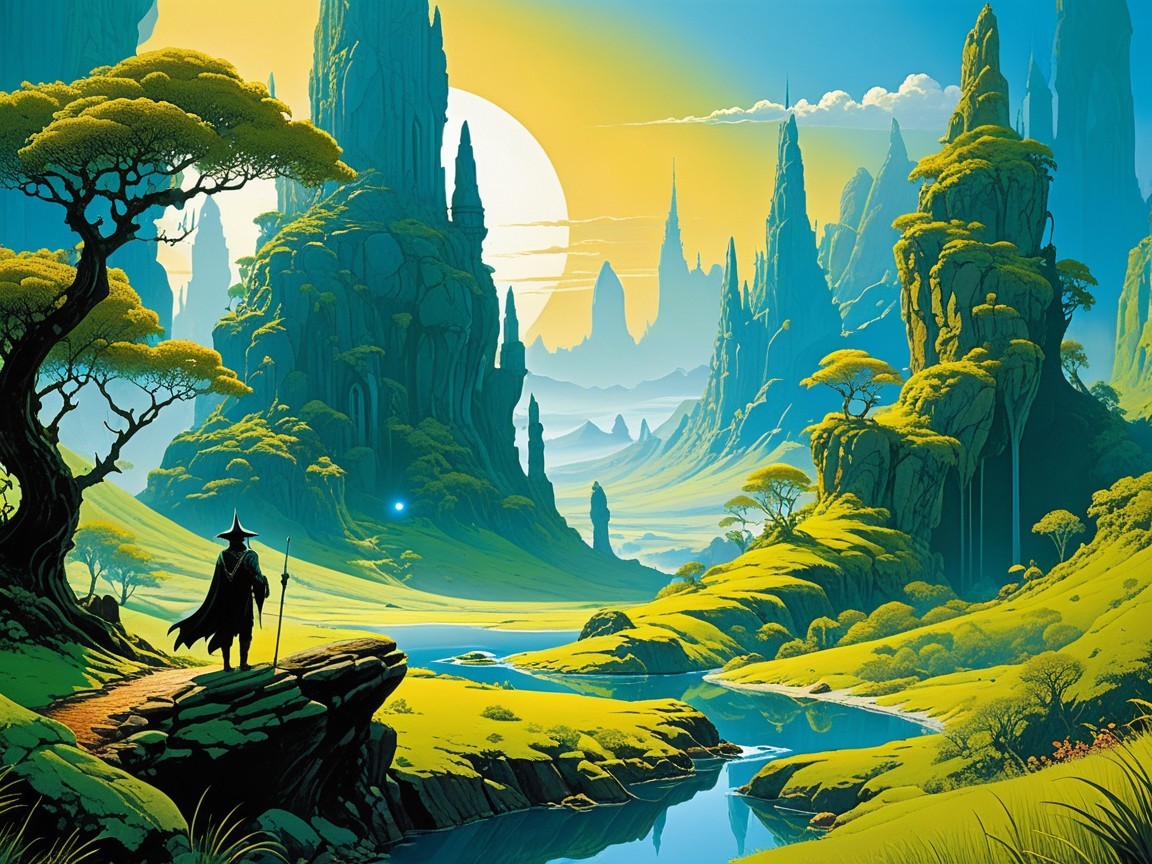 Serene landscape with mountains, river, and lone figure