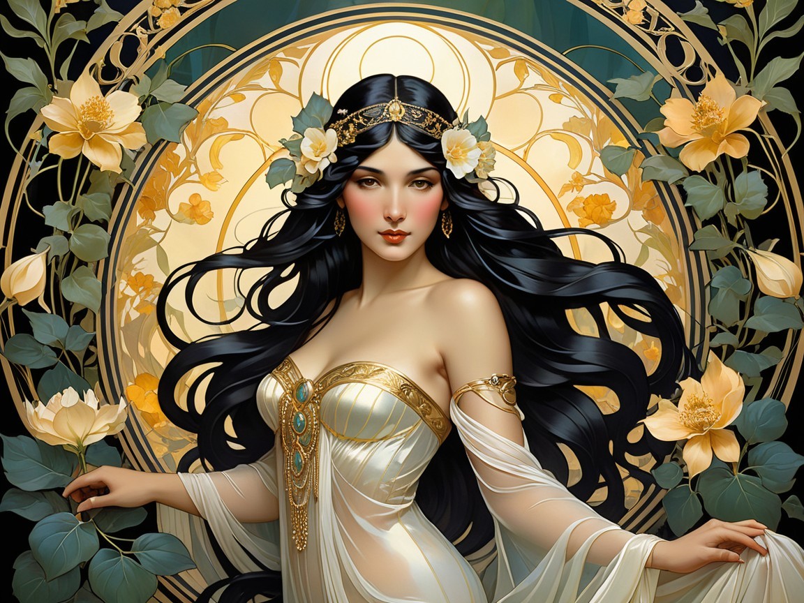 Mystical Woman in Ethereal Gown Surrounded by Flowers