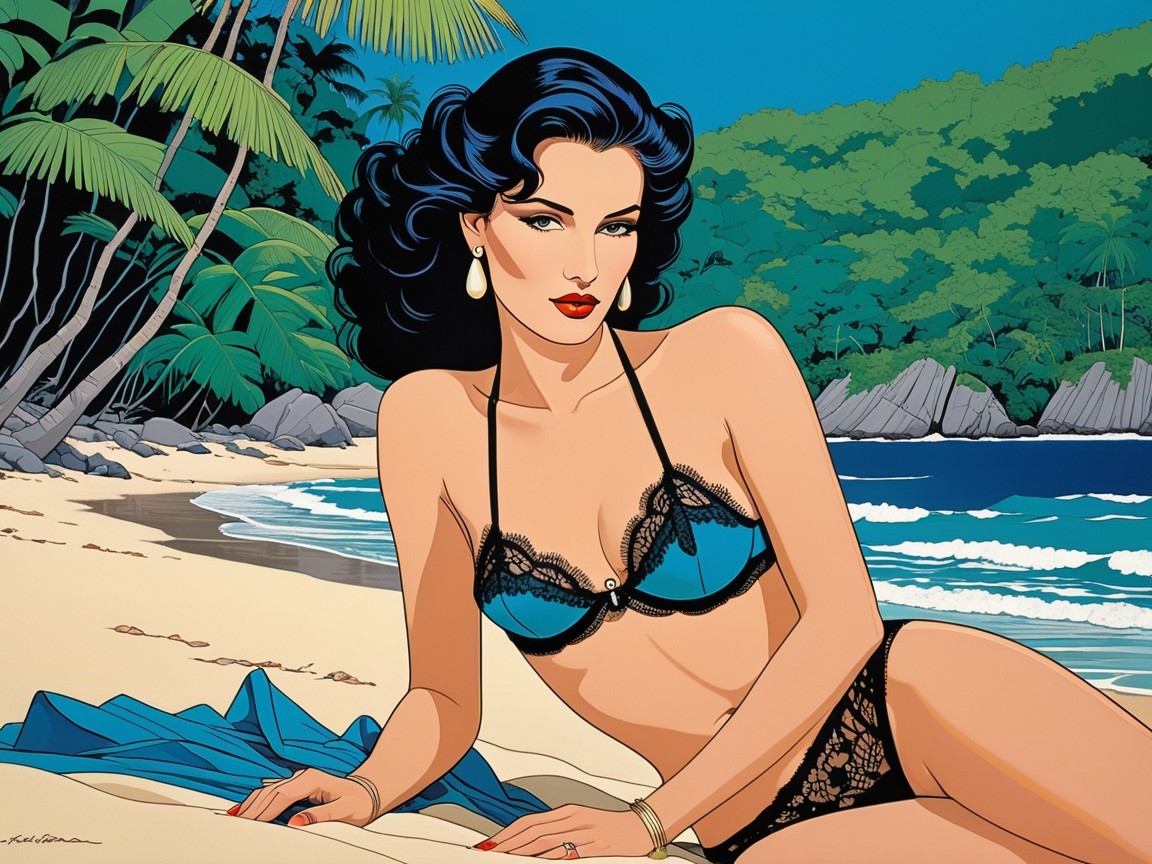Glamorous Woman in Teal Bikini on Tropical Beach