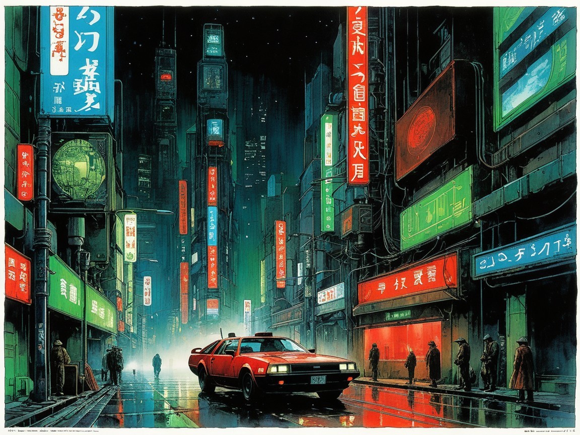 Neo-futuristic cyberpunk city street at night