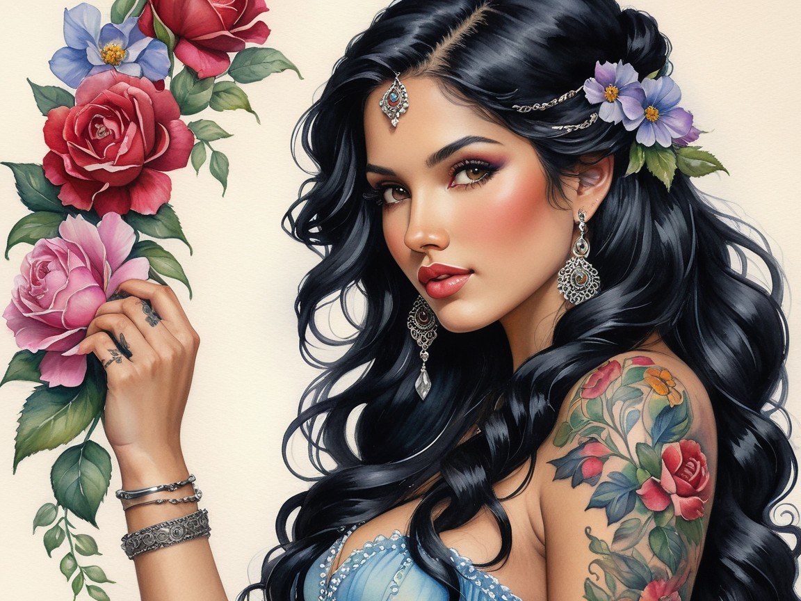 Beautiful woman with flowers, jewelry, and roses